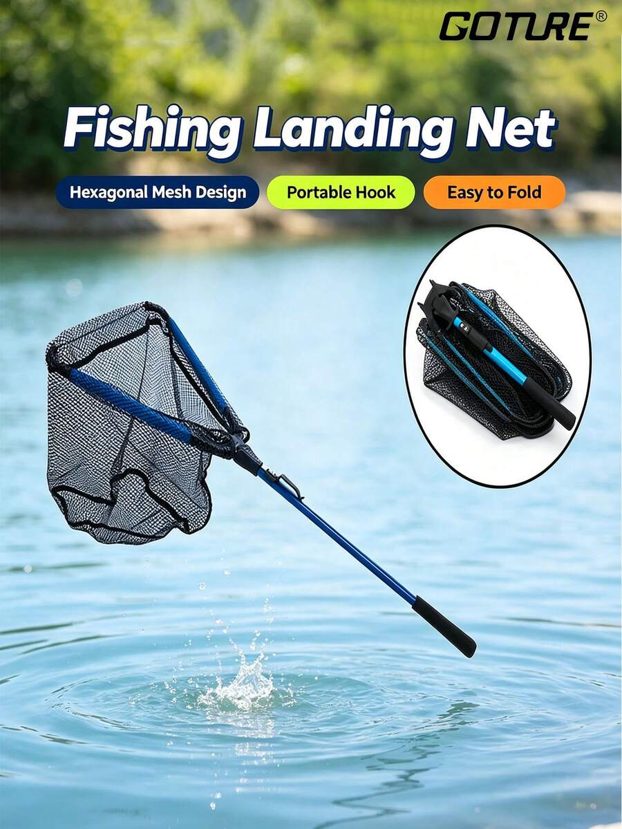GOTURE 1pc Fishing Landing Net, Foldable Retractable Handle, Durable Nylon Mesh, For Catching Or Releasing Fish - Blue - View 1