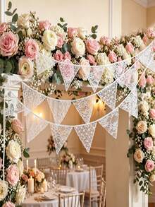 White Floral Lace Garland, Lace Triangle Bunting Banner, 1 Piece With 12 Flags, Bohemian Vintage White Floral Fabric Triangle Lace Flag Garland, Suitable For Wedding, Bridal Shower, Valentine's Day, Birthday Party, Garden Tea Party Decoration - View 2
