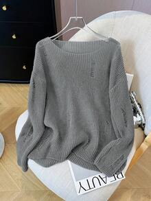 Autumn New Loose Hollow-Out Distressed Slouchy Long Sleeve Air Conditioning Shirt Sun Protection Top - Grey - View 8