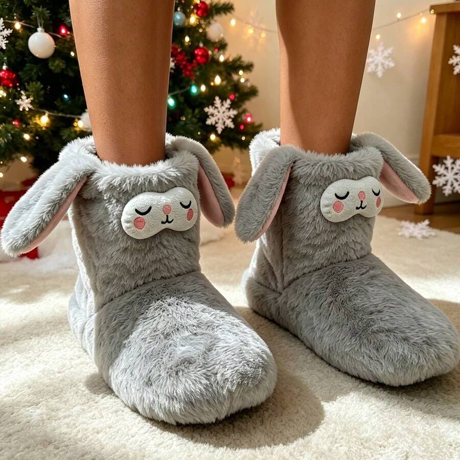 1 Pair Rabbit Cute Fabric Animal Silent Soft Sole Indoor Slippers Warm For Winter - Pink - View 1