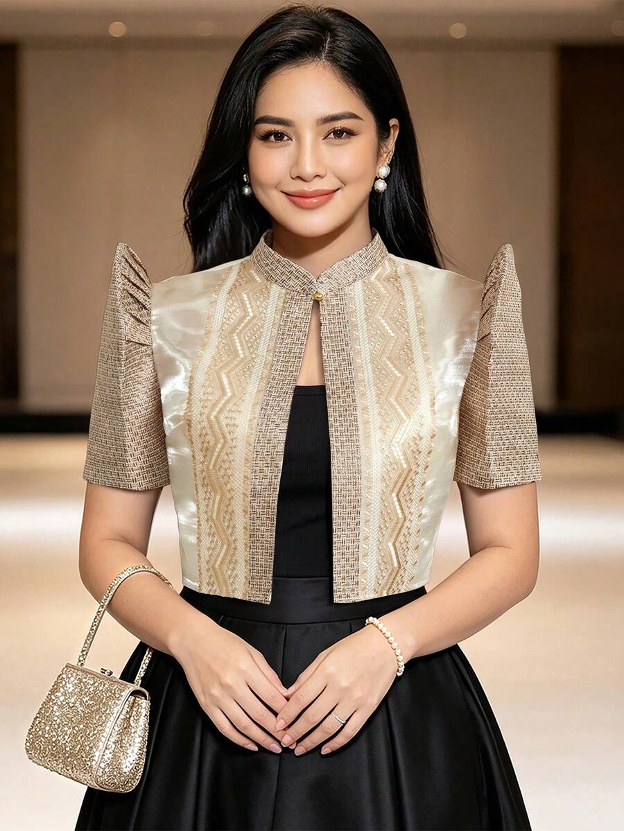 現代菲律賓風歐干紗女款短袖時尚優雅立領夾克 - 香檳色 - 查看 1