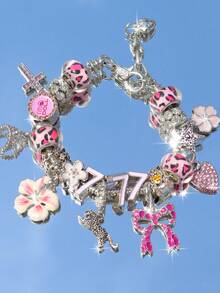 1 pieza Pulsera con encanto de estampado de leopardo y cereza, Pulsera cruz de estrella de niña, Pulsera con número de la suerte 777, Flor de cerezo con estampado de leopardo, Pulsera de cereza con estampado de leopardo rojo - Negro - Ver 19