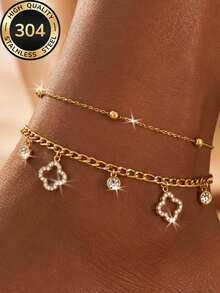 ZCNC 2pcs/Set 18k Gold Plated Women's Lucky Hollow Flower Pendant Anklet Layering Set, 304 Stainless Steel Waterproof, Hypoallergenic, Summer Outfit, Party Accessory, Suitable For Daily Wear/Work Commute/Vacation/Mother's Day/Valentine's Day/Graduation Season/Holiday Gift - Gold - View 6