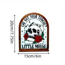1pc AIDIS Wooden Bookshelf Sign - Vintage Gothic Style With Skull And Rose Pattern, Featuring "Cat Your Tongue" Text. Artificial Wood Desktop Decor, Suitable For Bedroom, Perfect Gift For Book Lovers. - Skull Bookshelf - View 7