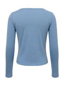 Vintage Striped Fitted Round Neck Hollow Design Base Layer Top, Suitable For Early Autumn - Blue and White - View 10