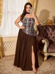 Elegant Plus Size Formal Dress, Strapless Beaded Sequin Gown With Asymmetrical Trumpet Hem, Paired With Flowy Soft Chiffon Shawl - Coffee Brown - View 6