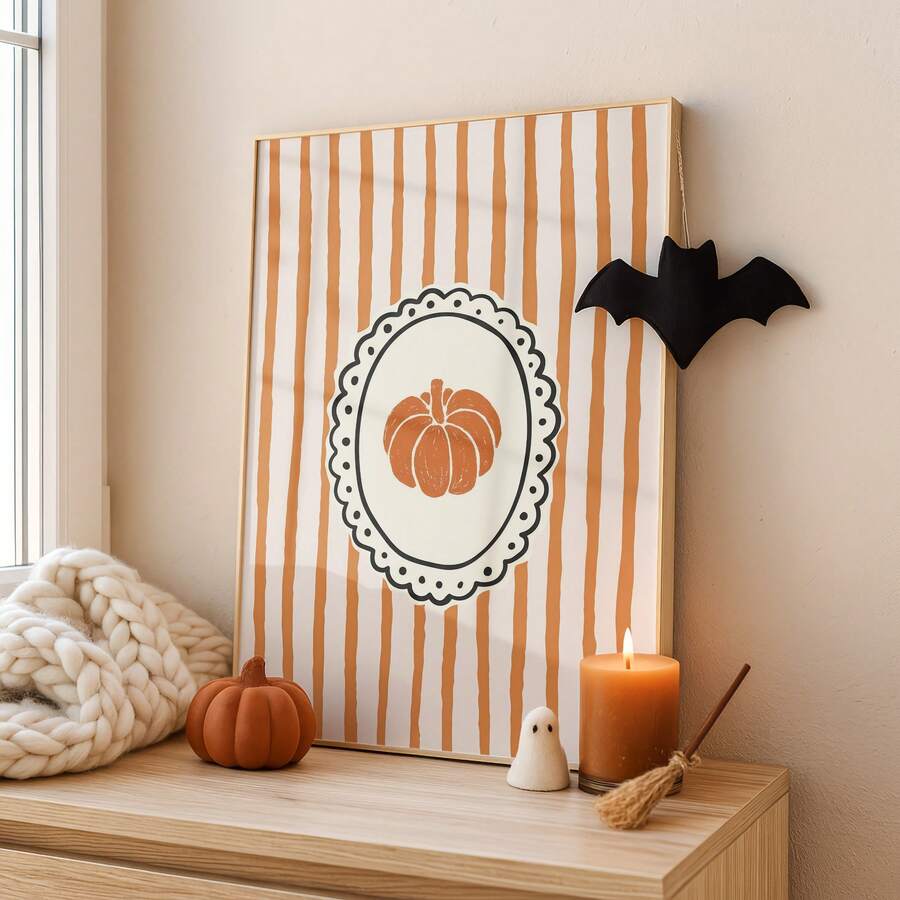 1pc Frameless Cozy Rustic Striped Pumpkin Fall Harvest Wall Art Canvas Poster, Vintage Whimsical Halloween Decor For Bedroom, Living Room, Apartment, Dorm, Modern Home Decoration, Best Gift Choice - Cartoon - View 1