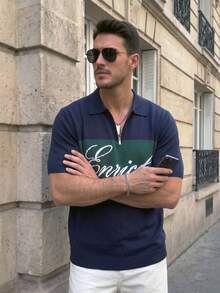 Lookun Spring/Summer Unisex Men's Retro Polo Collar Turn-Down Collar Colorblock Zipper Half-Open Placket Casual Sports Business Commute Letter Pattern Fitted - Navy Blue - View 4