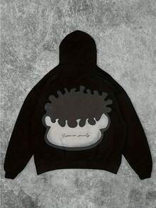 Men's Casual Polyester Hooded Sweatshirt With Cartoon Print, Knitted Fabric With Slight Elasticity, Regular Fit, Suitable For All Seasons, Black Hoode - Black - View 4