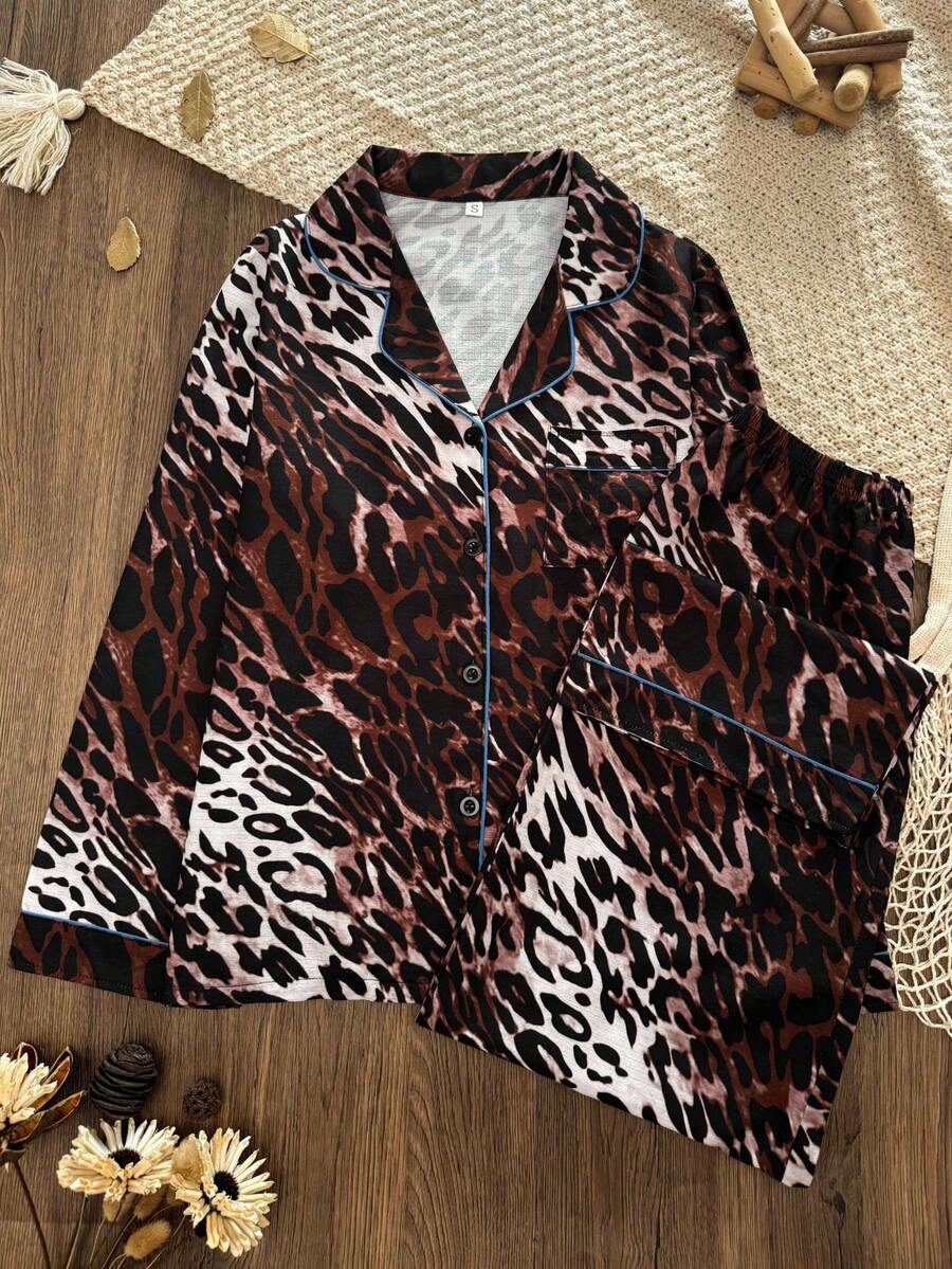Women's All-Over Leopard Print Front Button Pajama Set, Contrast Trim Lapel Long Sleeve Long Pants 2 Pieces Loungewear Set - Multicolor - View 1