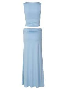 Setelan 2 Potong Kasual Wanita Warna Polos Kerah V dengan Detail Kerut, Cocok untuk Jalan-jalan, Liburan, Pakaian Sehari-hari, Musim Panas, Elegan - Baby Blue - View 7