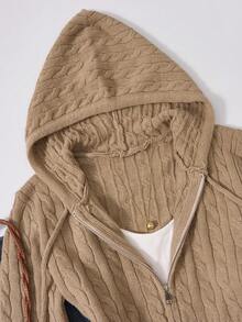 Women's Casual Cute Y2K Cable Knit Zip-Up Hooded Cardigan Sweater - Khaki - View 2
