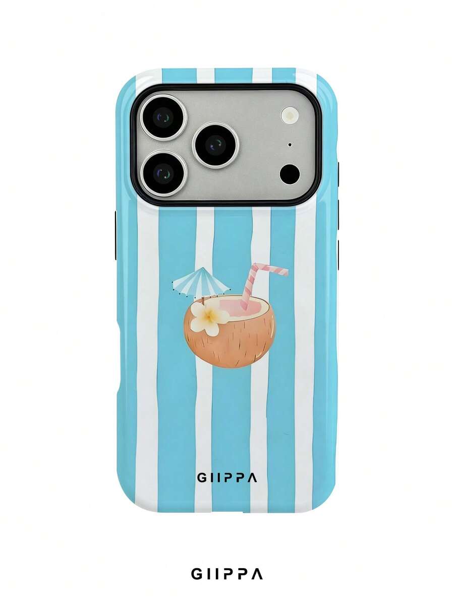 GIIPPA 1件天藍色條紋背景搭配椰子圖案設計手機殼,適用於Phone 17 Pro Max,相容Phone 16 Pro Max、15 Pro Max、14 Pro Max,韓系高端時尚趣味手機殼,相容11/12/13/14/15/16 Pro Max Plus,優雅設計男女皆宜,聖誕節、情人節、復活節、婚禮季與生日送女友的完美禮物! - 天藍 - 查看 1