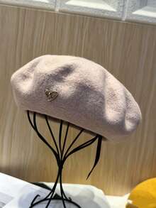 1pc/2pcs Women's Solid Color Wool Warm Beret, French Style Classic Rimless Beret, Suitable For Casual And Party Wear, Metal Heart Decoration, Candy Color Dopamine Style Autumn/Winter Hat - Heart Logo Beret - View 13