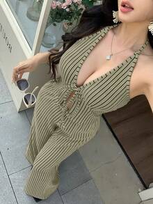 abyoxi 女款綠黑條紋深V領背心上衣搭配高腰寬腿長褲兩件套，休閒通勤、復古性感、日常出遊、約會、情人節、海灘度假夏季短上衣長褲套裝 - 橄欖綠 - 查看 1
