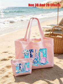 Pink Striped Tote Bag With "BEACH" Shell And Wave Pattern Print, Summer Theme. Large Capacity Striped Handbag And Makeup Bag, Casual Shoulder Bag, Lightweight Shopping Bag, Portable Cosmetic Storage Bag, Suitable For Travel, Shopping, Commuting And Daily Use, Gift For Women, Lovers, Friends, Birthday Gift, Holiday Gift, Party Gift, Vacation Gift, Back To School Gift, Anniversary Gift, Teacher Gift - Multicolor - View 3