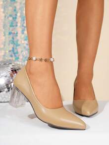 Women's Commuter Versatile PU Leather Pointed Toe High Heel Pumps, Spring/Autumn New Low Vamp Work Slip-On Shoes, Plus Size - Khaki - View 2
