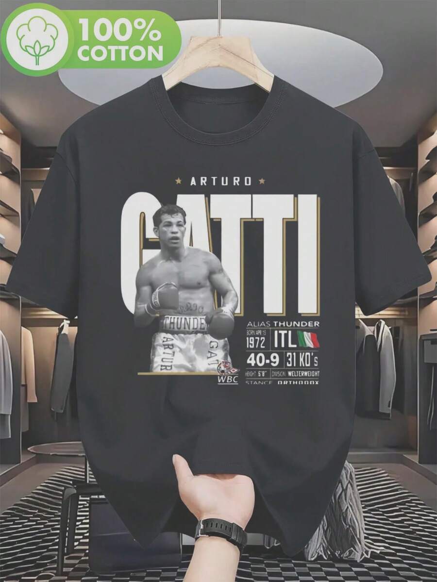 Camiseta Gráfica de Boxeador Arturo Gatti, también conocido como Thunder, Campeón del WBC, para Hombres y Mujeres - Camiseta de Boxeo Vintage de 180G con Impresión por Transferencia Térmica, - Negro - Ver 1