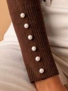Basic Knit Sweater Blouse With Pearl Detail, Polyester, Pearls, Nightwear - 鏽棕色 - 查看 3