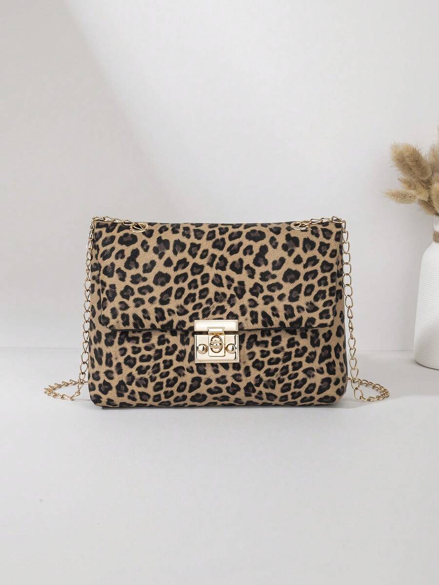 Cute Versatile Leopard Print Shoulder Crossbody Bag, Women's Chain Small Square Bag, Suitable For Various Occasions, With Lining, Metal Lock Closure, Large Capacity - Black - View 1