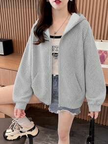 1 buah Jaket Hoodie Resleting Kasual Sederhana Gaya Vintage untuk Remaja Perempuan, Cocok untuk Musim Semi, Musim Gugur, Musim Dingin, dan Kembali ke Sekolah - Light Grey - View 6