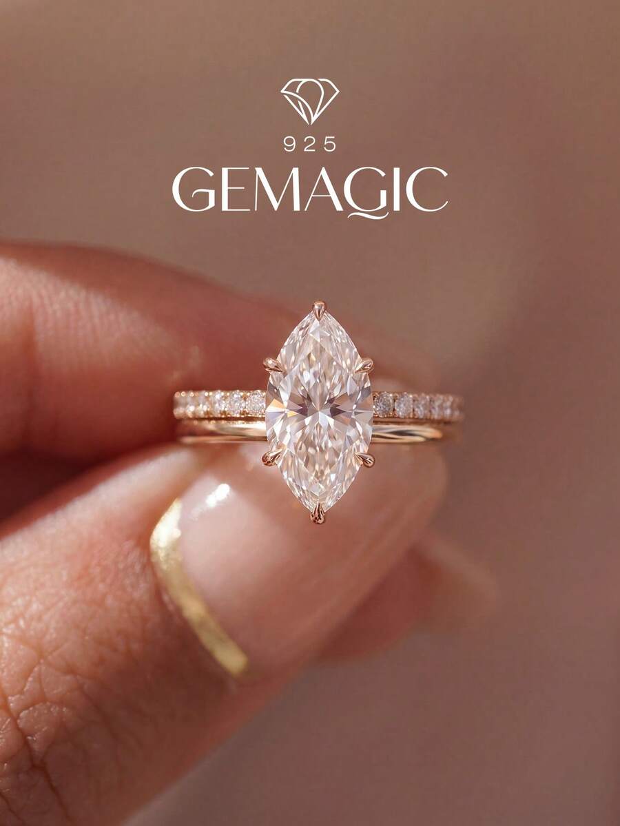 2pcs/Set S925 & 925 Sterling Silver Single Row Rings, Inlaid With 2 Carat Oval Gemstones, Elegant Ladies Ring Set, Suitable For Dates, Parties, Anniversaries, Stackable, Exquisite Women's Jewelry Gift