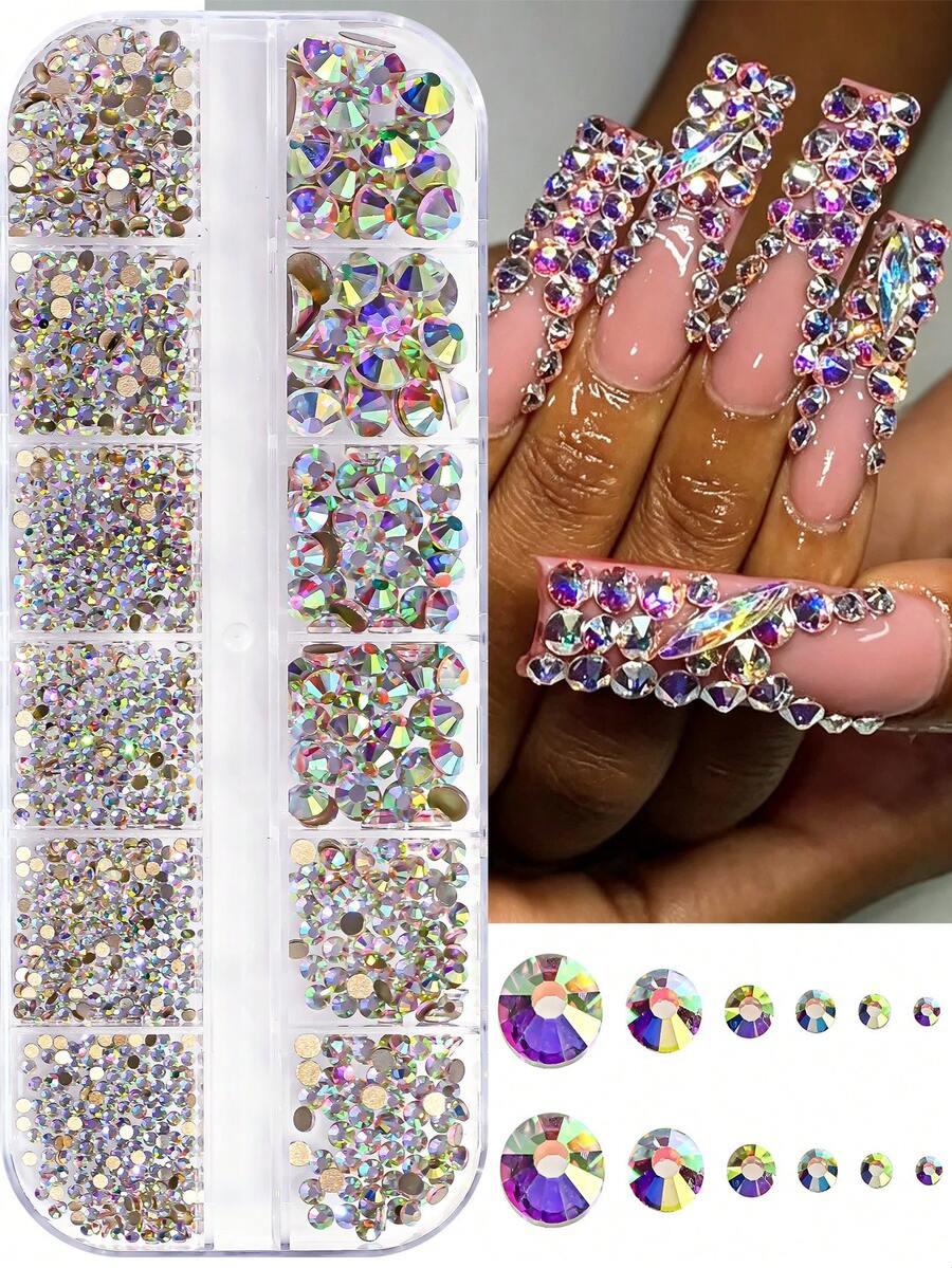 12-Grid Colorful Nail Rhinestone Set, 3D Multi-Size Crystal Rhinestone Nail Art Decorations, Shiny Flat-Back Round Gemstones, AB Color Nail Decoration Rhinestones, DIY Nail Art Supplies - 彩色 - 查看 1
