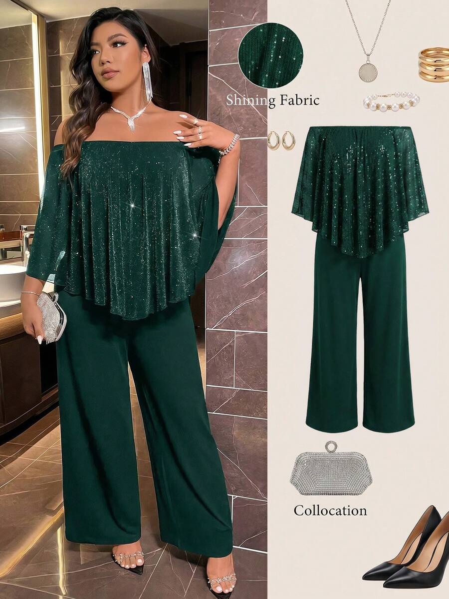 Mono de talla grande con diseño de hombros descubiertos, de moda y elegante, para principios de otoño y verano - Verde - Ver 1