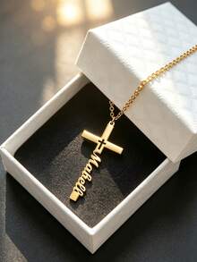 1pc Customized Name Necklace, Stainless Steel Cross Pendant Necklace, Personalized Birthday Gift For Women, Minimalist Daily Style, Comes With Gift Box, Suitable For Valentine's Day, Birthday, Mother's Day, Daily Gifting, Vertical Name Necklace - Multicolor - View 6