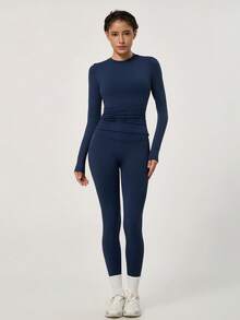 NcmRyu Women's One Set Solid Color Seamless Round Neck Short Sleeve Butt-Lifting Tight Cropped Pants Sports Outfit - Navy Blue - View 5