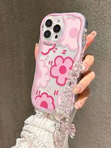 1pc Pink Floral + Chain Phone Case For Apple 17 Pro Max, Shockproof For IPhone 16/15/14/13 - Pink - View 3