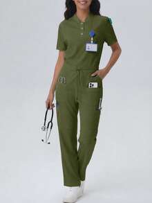 Pantalones de mujer/enfermería, pantalones cómodos, pantalones de unicolor simple con múltiples bolsillos - Verde militar - Ver 6