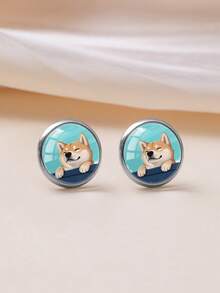 1 Pair Soft Cute Healing Style Blue Sky Shiba Inu Pattern With 316 Stainless Steel Round Stud Earrings Suitable For Women's Daily Wear - Turquoise - View 6
