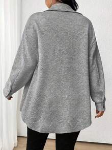 Women's Grey Knit Long Sleeve Shacket With Collar And Button Front Pockets, Suitable For Autumn Wear - Grey - View 3
