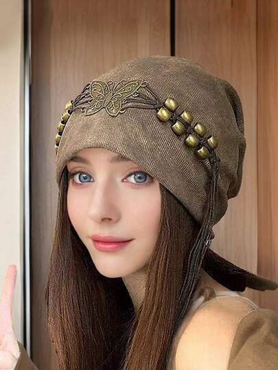 1pc Women's Sweet & Cool Style Beanie Hat With Tassel And Beaded Decor, Artistic Vintage Fashion Slouchy Hat, Face-Slimming, Suitable For Spring/Autumn Travel And Dating
