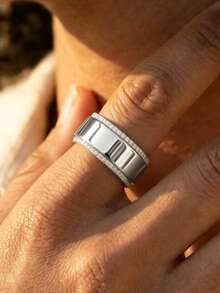 Vanel 1pc Modern Minimalist Polished Solid Band Ring With Synthetic Cubic Zirconia Inlay, Suitable For Minimalist Cold Style, American Vintage, Commuter Business, Neutral Workwear - Silver - View 2