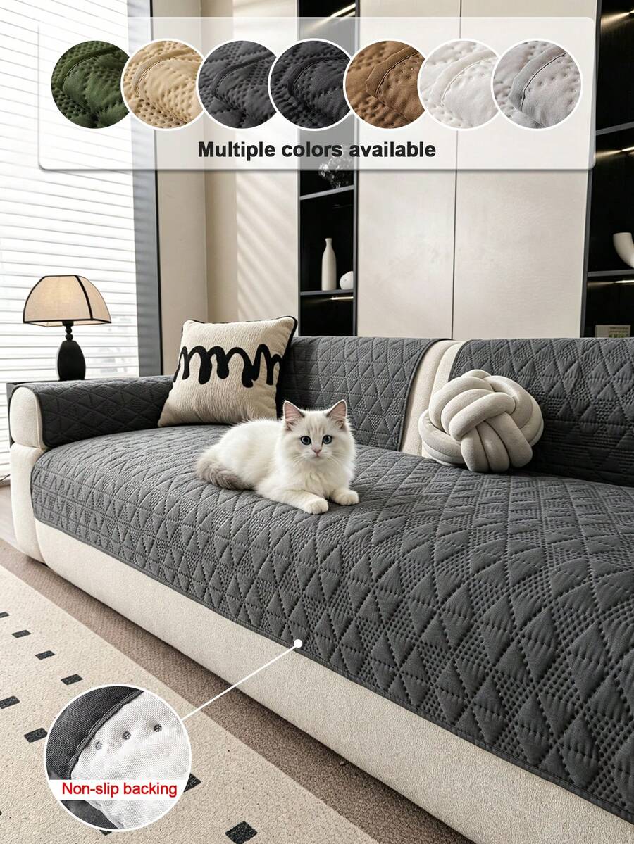 1pc Ultrasonic Diamond Embossed Sofa Seat Cushion Cover, Lightweight Breathable Easy Clean Scratch-Resistant Sofa Protector, Non-Slip Dotted Rubber Backing, Machine Washable All-Season Pet-Friendly Furniture Pad, Suitable For 1/2/3 Seater Sofa Universal Sofa Cover - Dark Grey - View 1