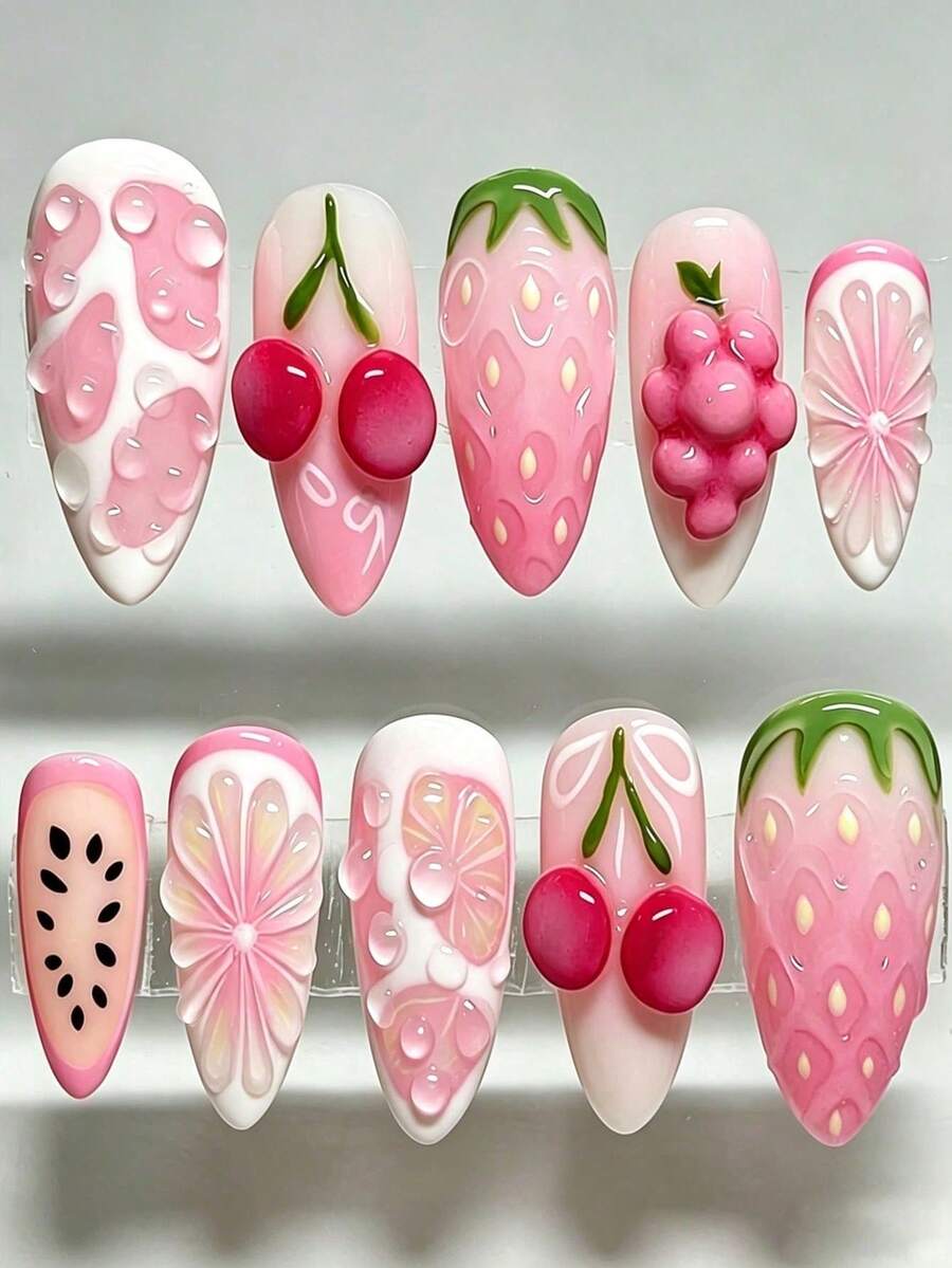10pcs Medium Almond-Shaped Press-On Nail Set, Cute 3D Pink Fruit Strawberry, Cherry, Grape, Lemon And Water Drop Fake Nails, Japanese Sweet Summer Style, Suitable For Women And Girls Beach Vacation Outfit - Multicolor - View 1