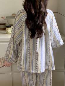 2pcs Women's Pajama Loungewear Set, Romantic Ditsy Floral Neckline Tie Pullover Long Sleeve Pants, All Season - Multicolor - View 3