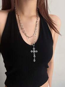 1pc Y2K Gothic Double Layer Crystal Bead Cross Rhinestone Water Drop Pendant Necklace, Stackable For Women And Girls, Punk Street, Nightclub Party, Daily Date, Hip-Hop Dark Style Neck Accessory - Cross Pendant Necklace - View 2