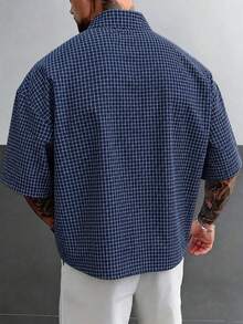 GloMan 男士夏季海軍藍格紋短袖襯衫，寬鬆休閒版型，適合日常穿著、街頭風、旅行、海灘度假、返校季，送給父親/丈夫的禮物 - 藏蓝色 - 查看 5