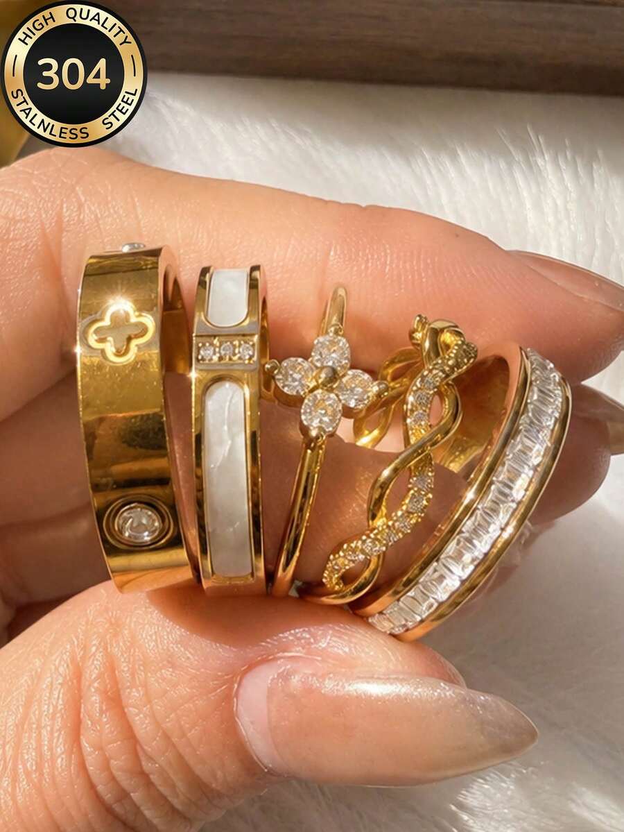 ZCNC Znice 304不鏽鋼+銅18K鍍金可疊戴戒指套組，女款，5件裝苜蓿草、全水鑽與琺瑯愛心閃亮戒指，低過敏極簡主義珠寶，完美母親節禮物，夏季度假配件