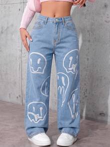 Y2K Inspired Women's Denim Jeans, Light Wash Straight Leg With Unique Melting Face Graphic, Casual Button Detail Design - Blue - View 1