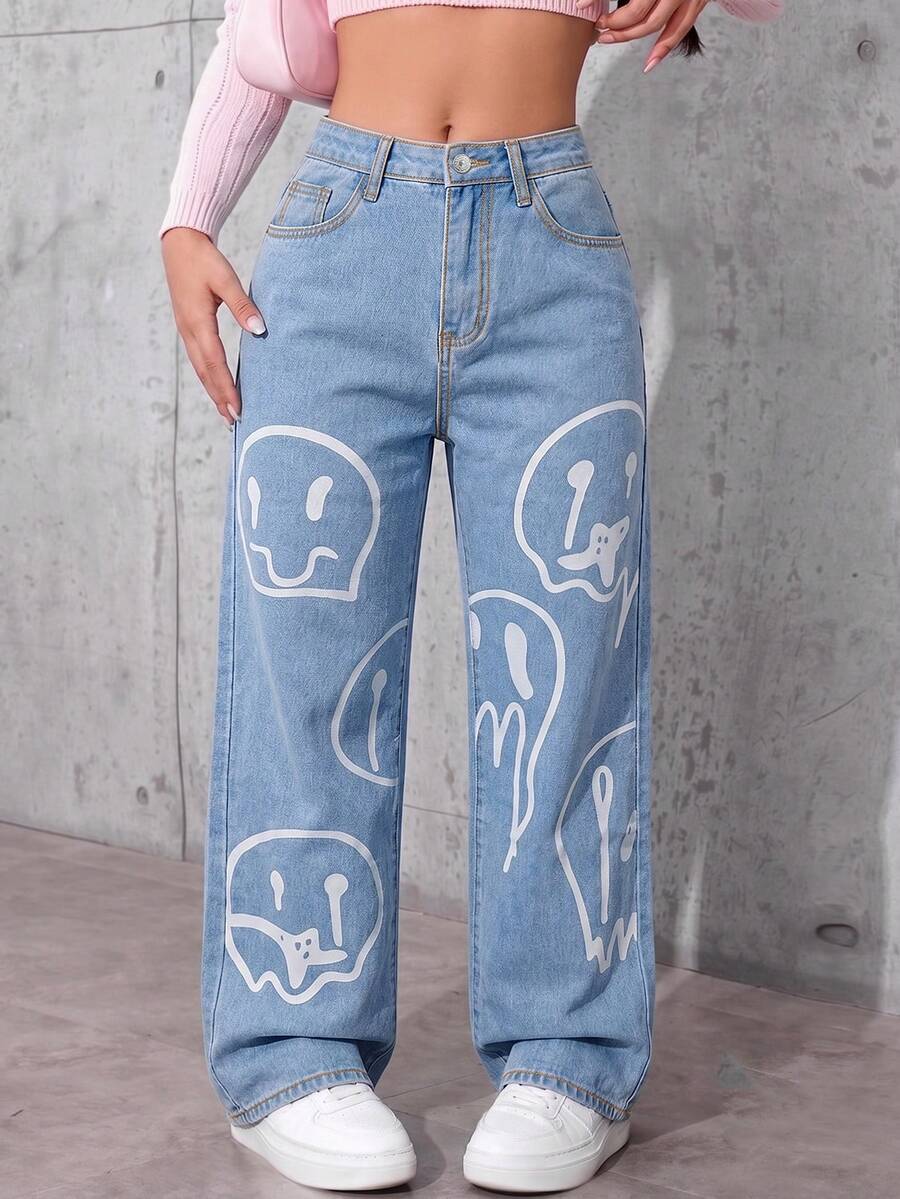 Y2K Inspired Women's Denim Jeans, Light Wash Straight Leg With Unique Melting Face Graphic, Casual Button Detail Design - Blue - View 1
