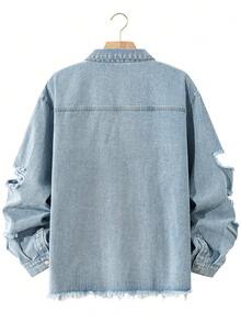 Jaket Denim Sobek Bergaya Distressed untuk Pria dengan Saku dan Kancing Jepret, Atasan Streetwear Kasual Serbaguna untuk Musim Semi dan Gugur - Light Wash - View 3