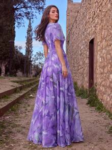 仙女花卉雪紡晚禮服：優雅短袖V領A字裙，適合正式晚宴、新娘派對、花園派對與秋季度假婚禮 - 紫色 - 查看 2