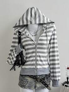 Women's Striped Ribbed Zip Up Long Sleeve Sweatshirt Loose Y2k Streetwear Casual Back To School Sports Vacation Outfits Women Tops For Fall Winter - Grey - View 1