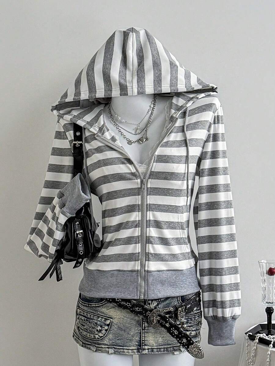 Women's Striped Ribbed Zip Up Long Sleeve Sweatshirt Loose Y2k Streetwear Casual Back To School Sports Vacation Outfits Women Tops For Fall Winter - Grey - View 1