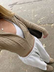 Women's Casual Cute Y2K Cable Knit Zip-Up Hooded Cardigan Sweater - Khaki - View 4