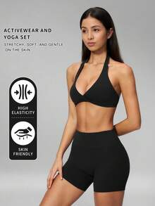 MFVIM Women's 2-Piece Yoga Set, V-Neck Halter Backless Top / High Waist Butt-Lifting Shorts Anti-Exposure - Premium Black - View 2